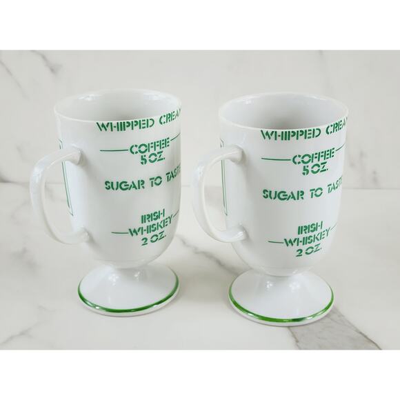 Irish Coffee Mug w/ Recipe Green Clover Pedestal 5" White Porcelain x2 Vintage - Picture 5 of 14